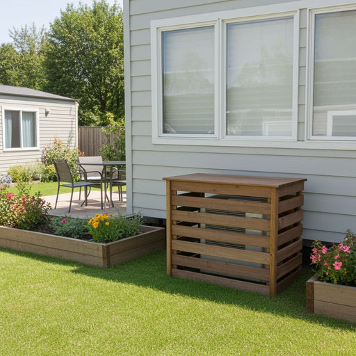 Cubierta de protección en madera para unidad exterior de climatizador junto a una zona de terraza y jardín en mobil home.