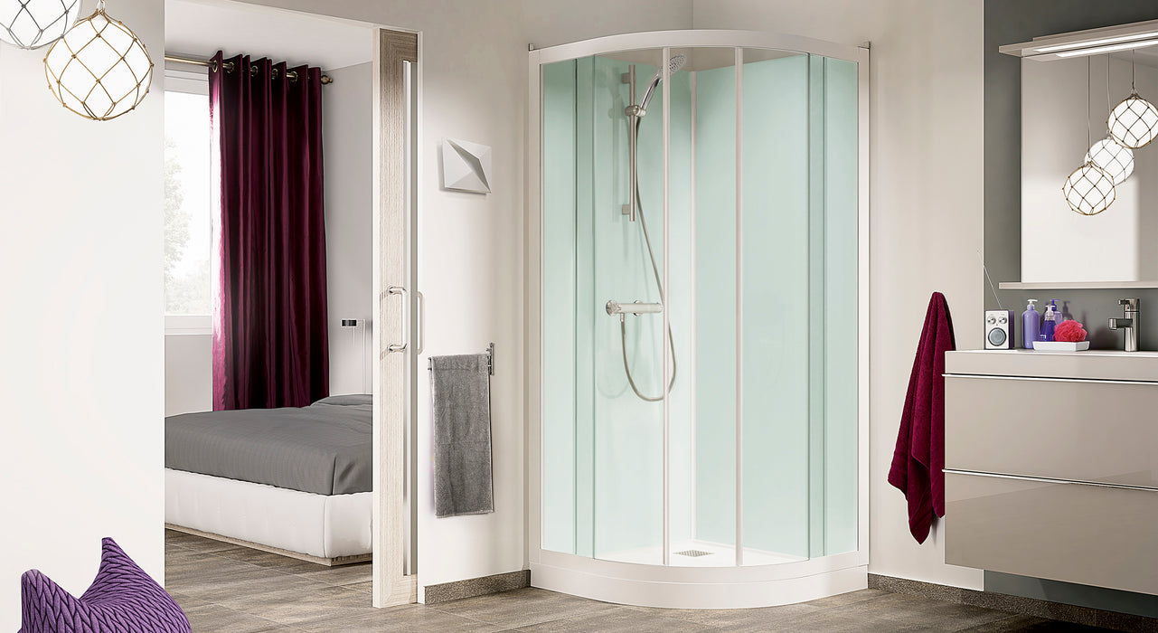 Cabina de ducha curva Kinedo Kineprime Glass con fondos de cristal, puertas correderas y mezclador de barra