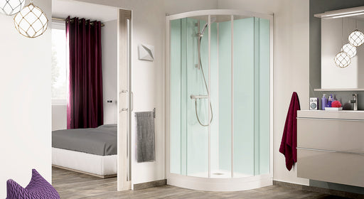 Cabina de ducha curva Kinedo Kineprime Glass con fondos de cristal, puertas correderas y mezclador de barra