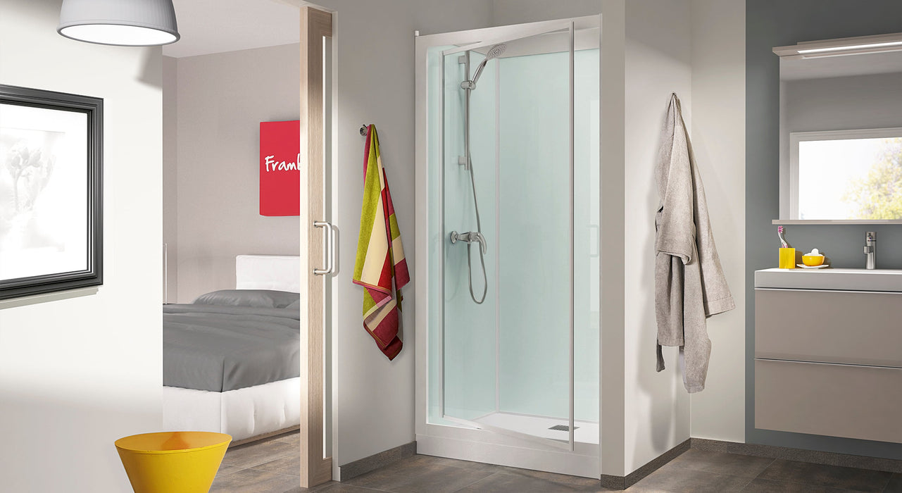 Kinedo Kineprime Glass empotrable 100 x 80 con puerta abatible, en su versión con mezclador monomando