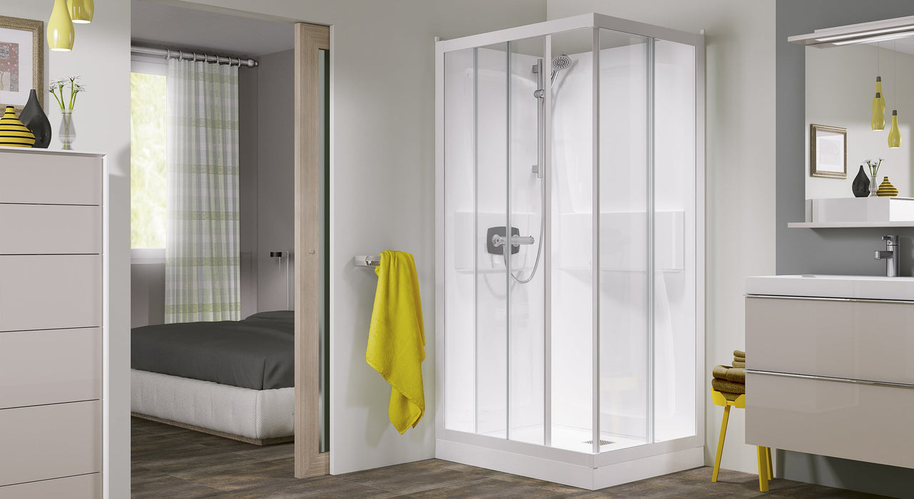 Cabina de ducha de esquina Kinedo Kineprime 100 x 80 con dos puertas correderas de cristal transparente