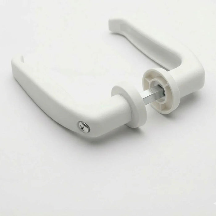 Vista lateral de la manilla blanca para casa móvil mostrando el tornillo de fijación y la base de montaje.