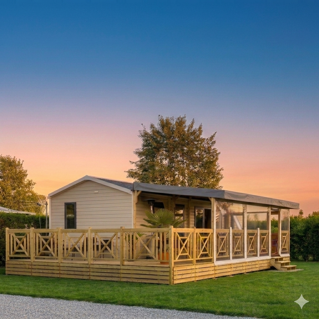 Mobil home modelo Maldives con terraza de madera semicubierta, instalada sobre césped cuidado en un entorno natural al atardecer