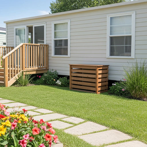 Protector de madera para unidad exterior de aire acondicionado instalado junto a una mobil home con césped y jardín decorativo.