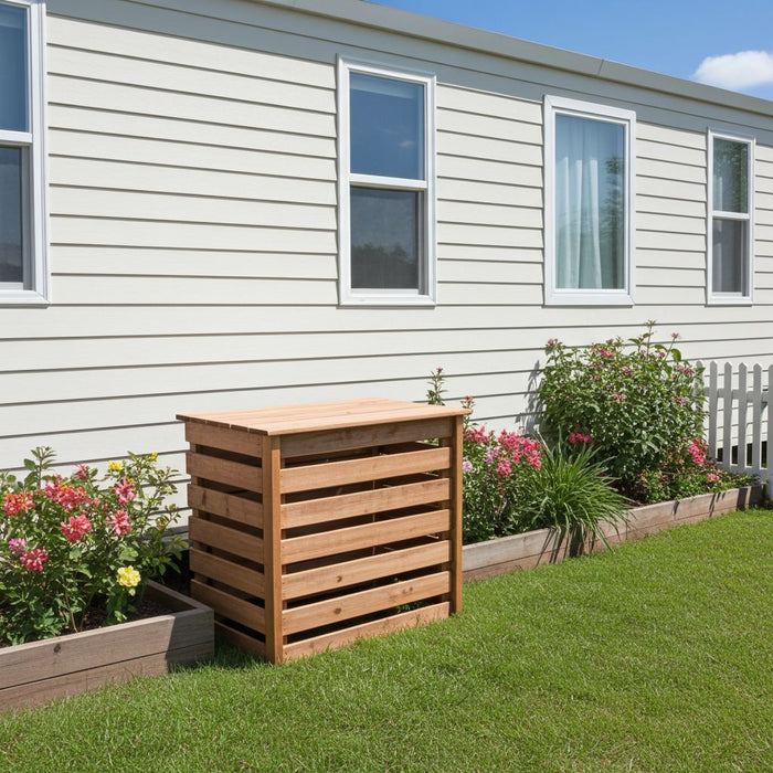 Protector de madera autoclave clase IV para aire acondicionado, integrado en jardín con flores y césped.
